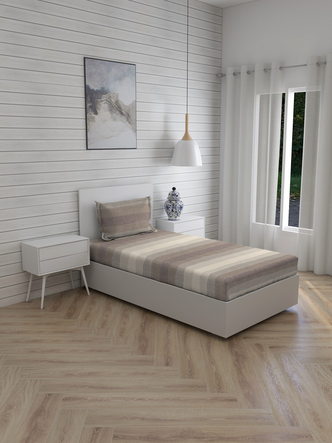 

Boutique Living India Brown & Grey Striped 220 TC Single Bedsheet with 1 Pillow Covers