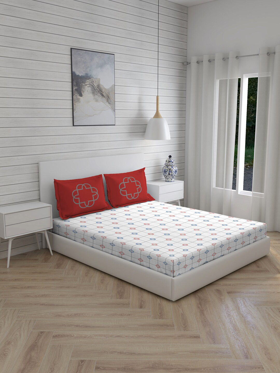 

Boutique Living India White & Blue Geometric 300 TC King Bedsheet with 2 Pillow Covers