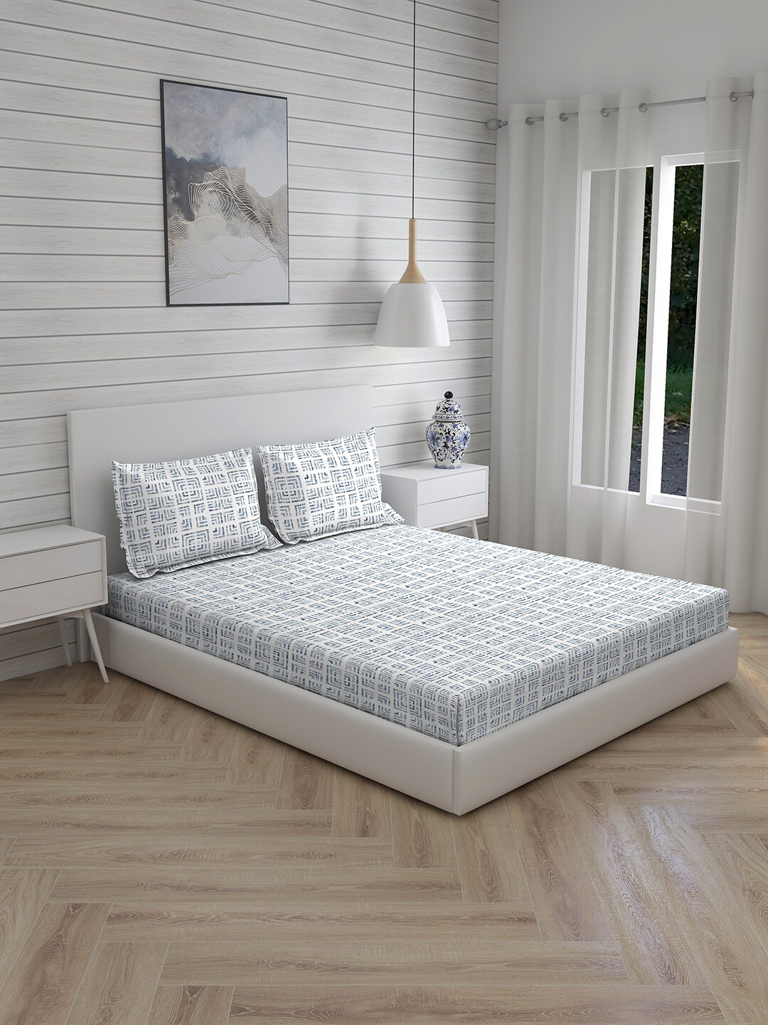 

Boutique Living India White & Blue 150 TC King Bedsheet with 2 Pillow Covers