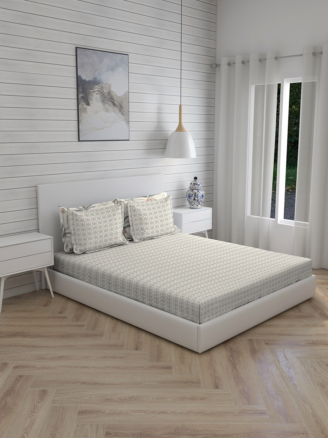 

Boutique Living India Off White & Grey Ethnic Motifs 600 TC King Bedsheet with 4 Pillow Covers