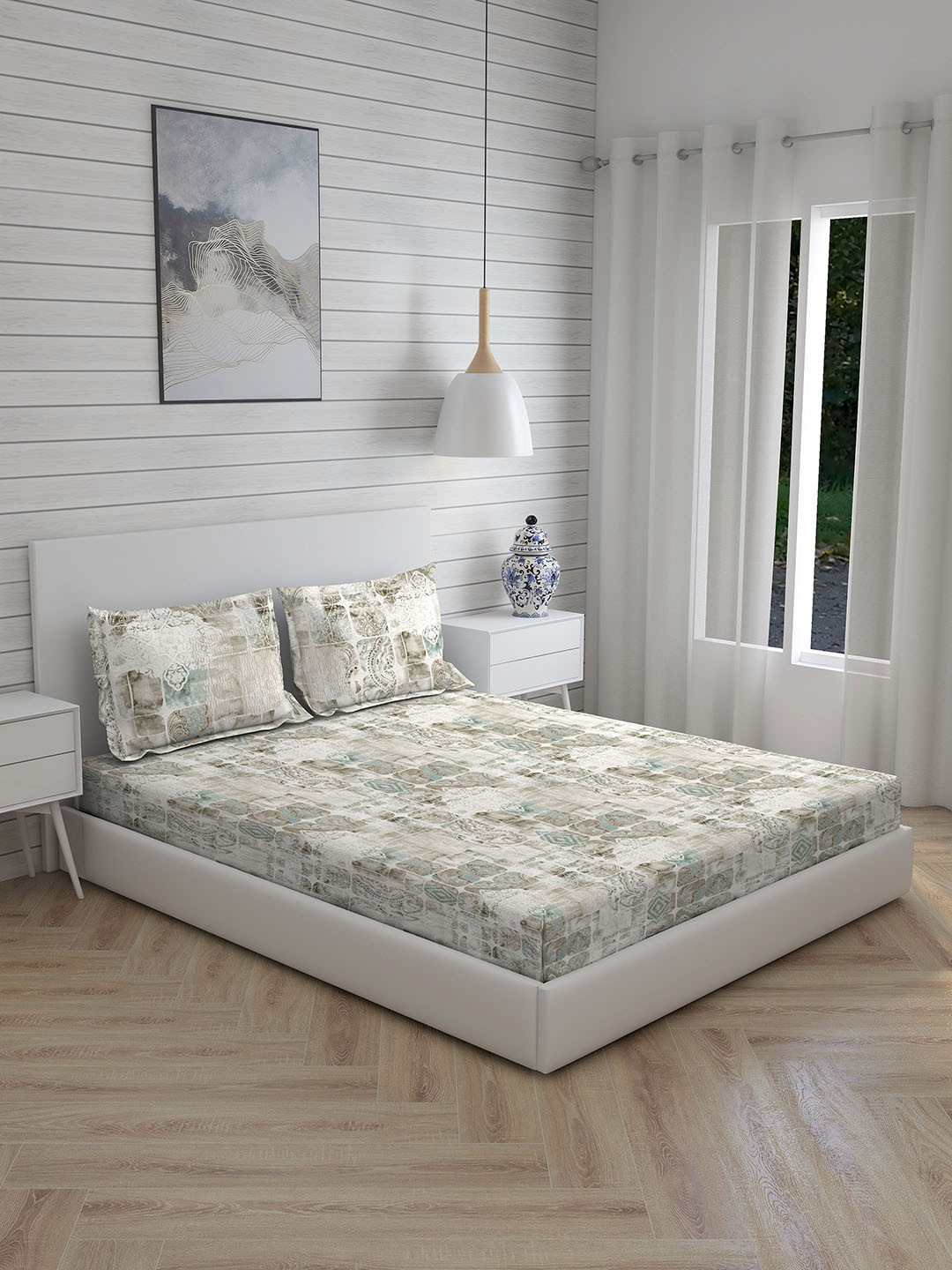 

Boutique Living India Angelite Beige & Blue Ethnic 260 TC King Bedsheet & 2 Pillow Covers