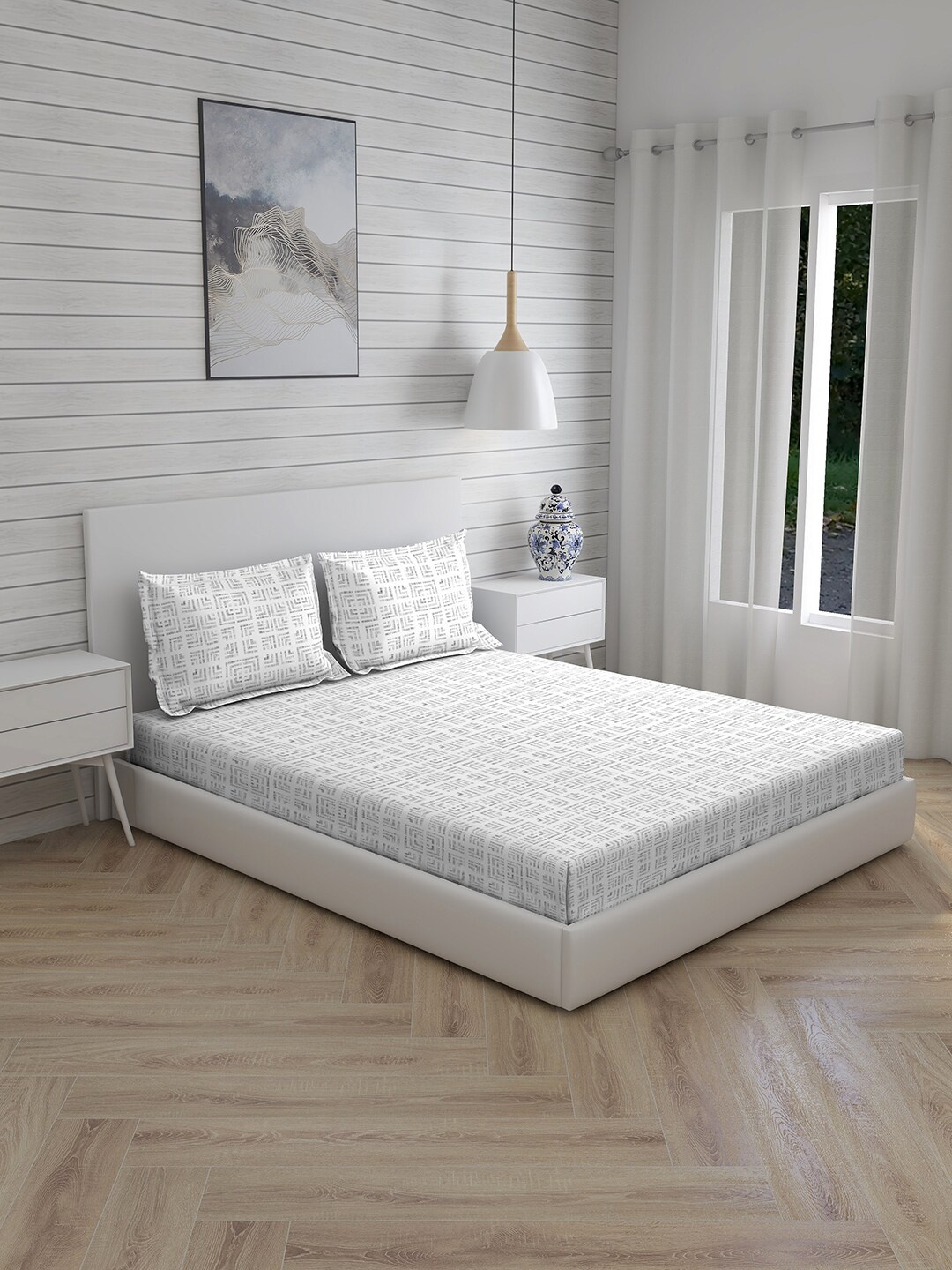 Boutique Living India Grey & White Geometric 150 TC King Bedsheet with 2 Pillow Covers