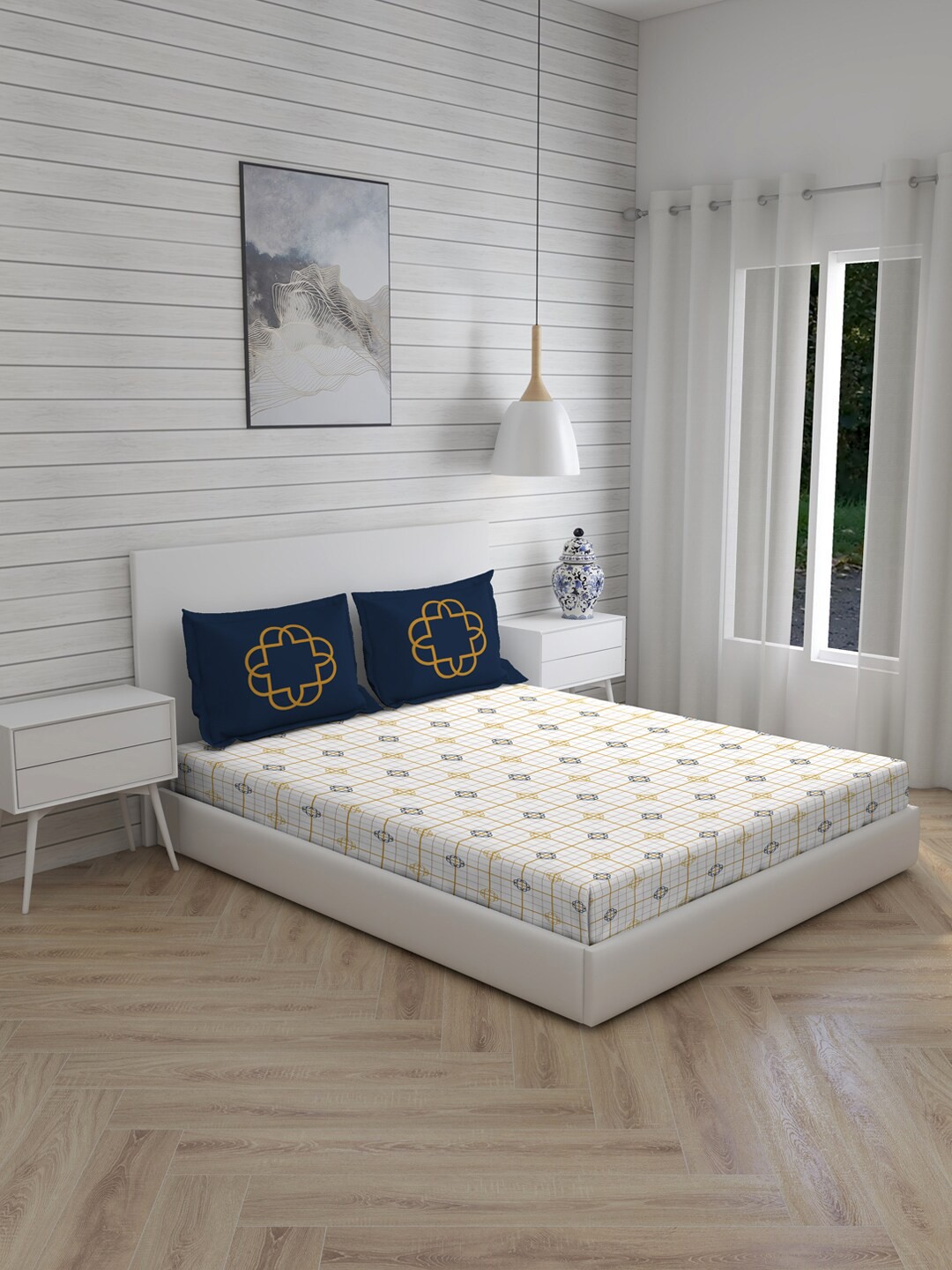 

Boutique Living India White & Yellow Geometric 300 TC King Bedsheet with 2 Pillow Covers