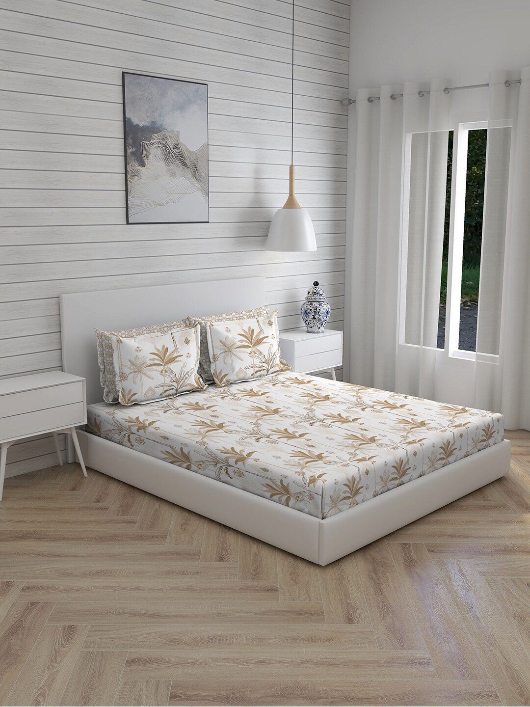 

Boutique Living India Off White & Brown Ethnic Motifs 600 TC King Bedsheet with 4 Pillow Covers