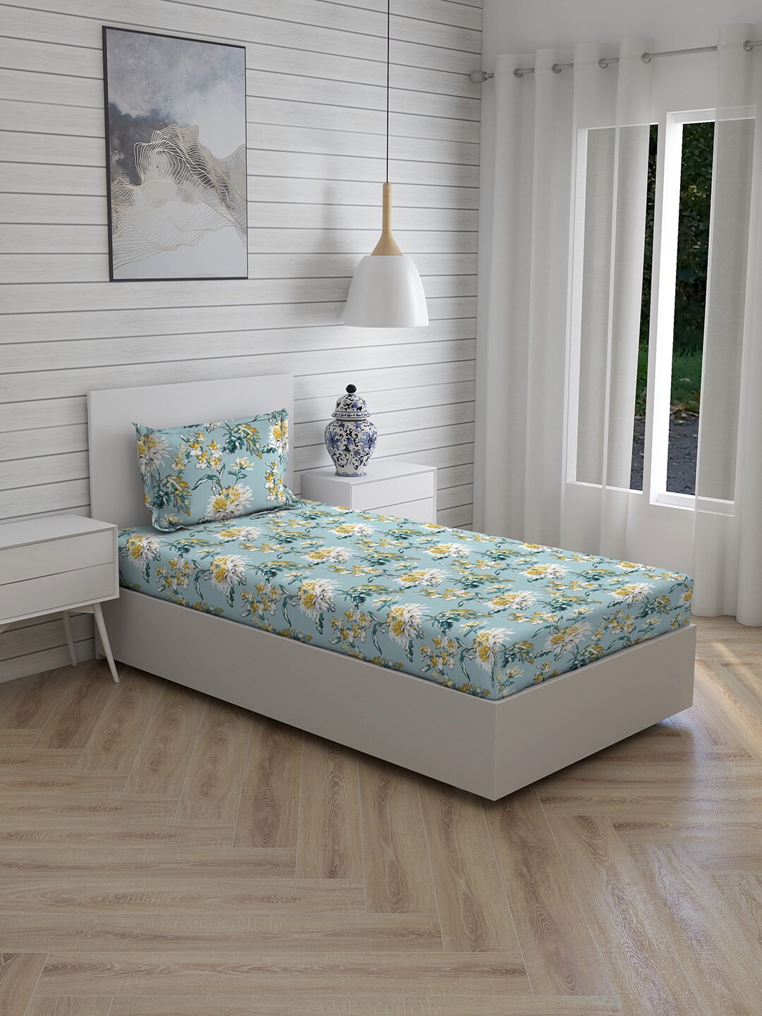 

Boutique Living India Blue Floral 160 TC Pure Cotton Single Bedsheet with Pillow Cover
