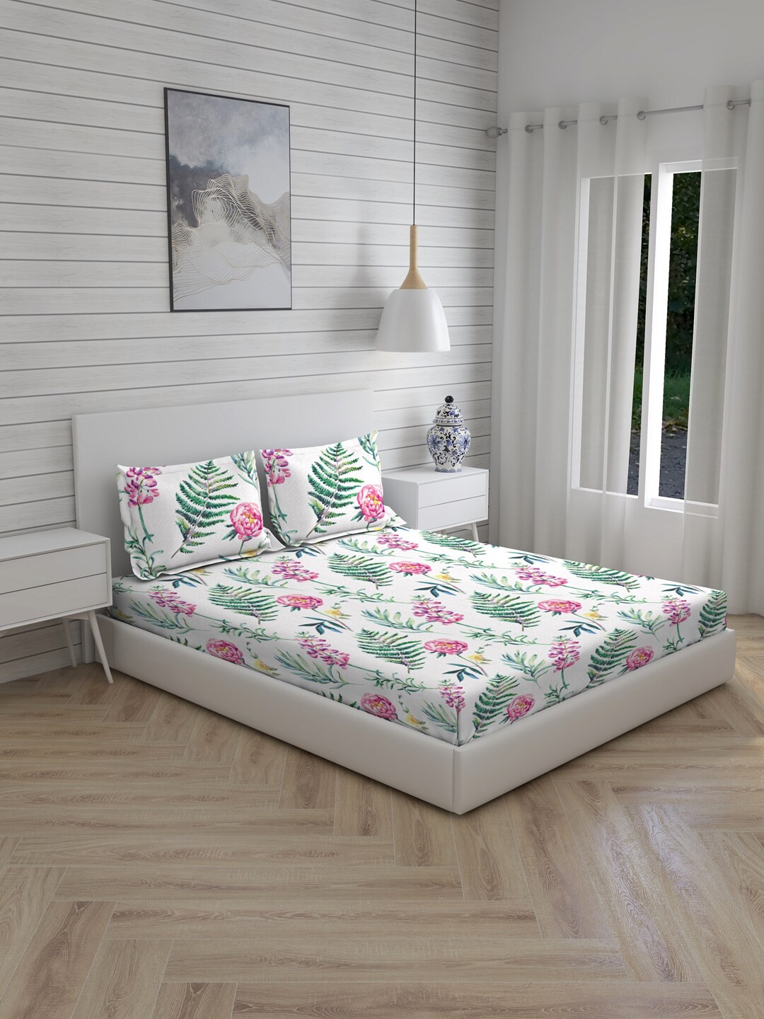 

Boutique Living India Tangelo White Floral 300 TC Pure Cotton King Bedsheet with 2 Pillow Covers