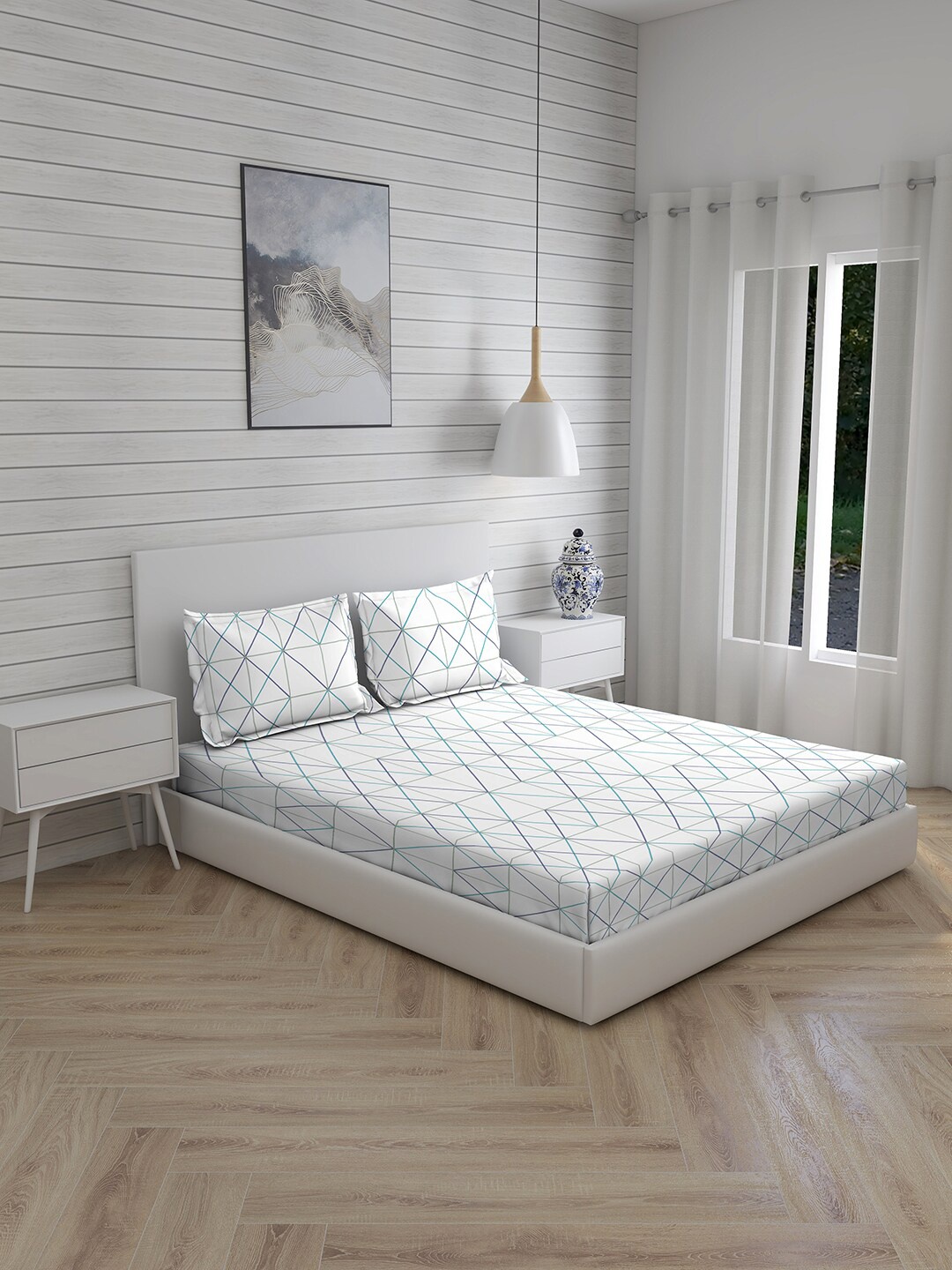

Boutique Living India Geo Tangle White 210 TC Cotton King Bedsheet with 2 Pillow Covers