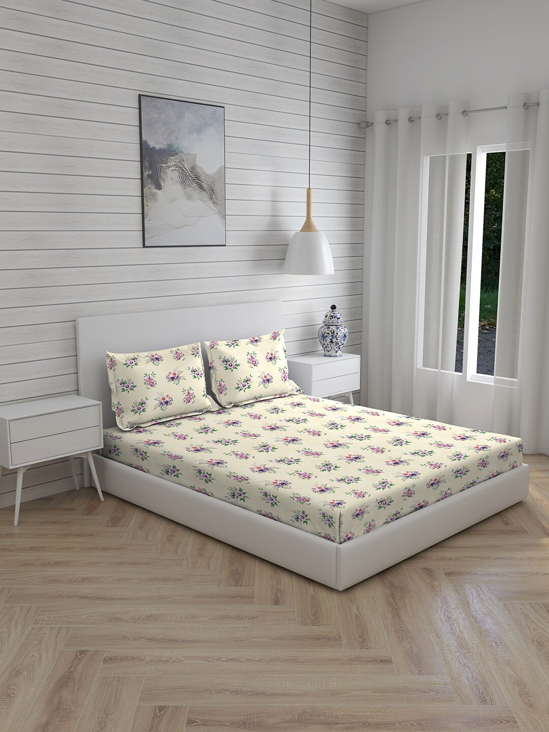 Boutique Living India Angelite Beige 260 TC Pure Cotton King Bedsheet with 2 Pillow Covers