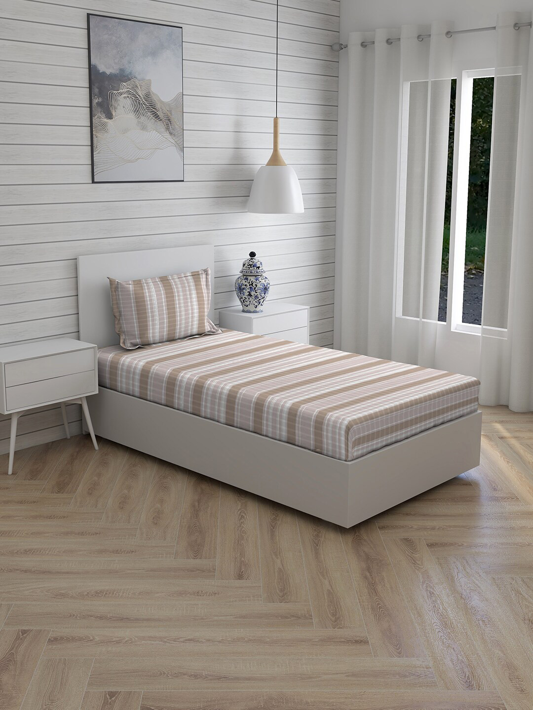 

Boutique Living India Beige Striped 220 TC Single Bedsheet with 1 Pillow Covers