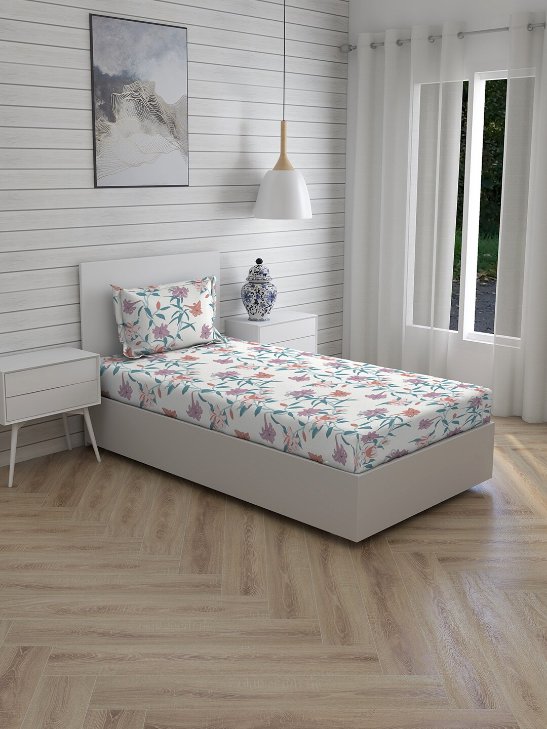 

Boutique Living India Off White & Turquoise Blue Single Cotton Bedsheet Pillow Covers