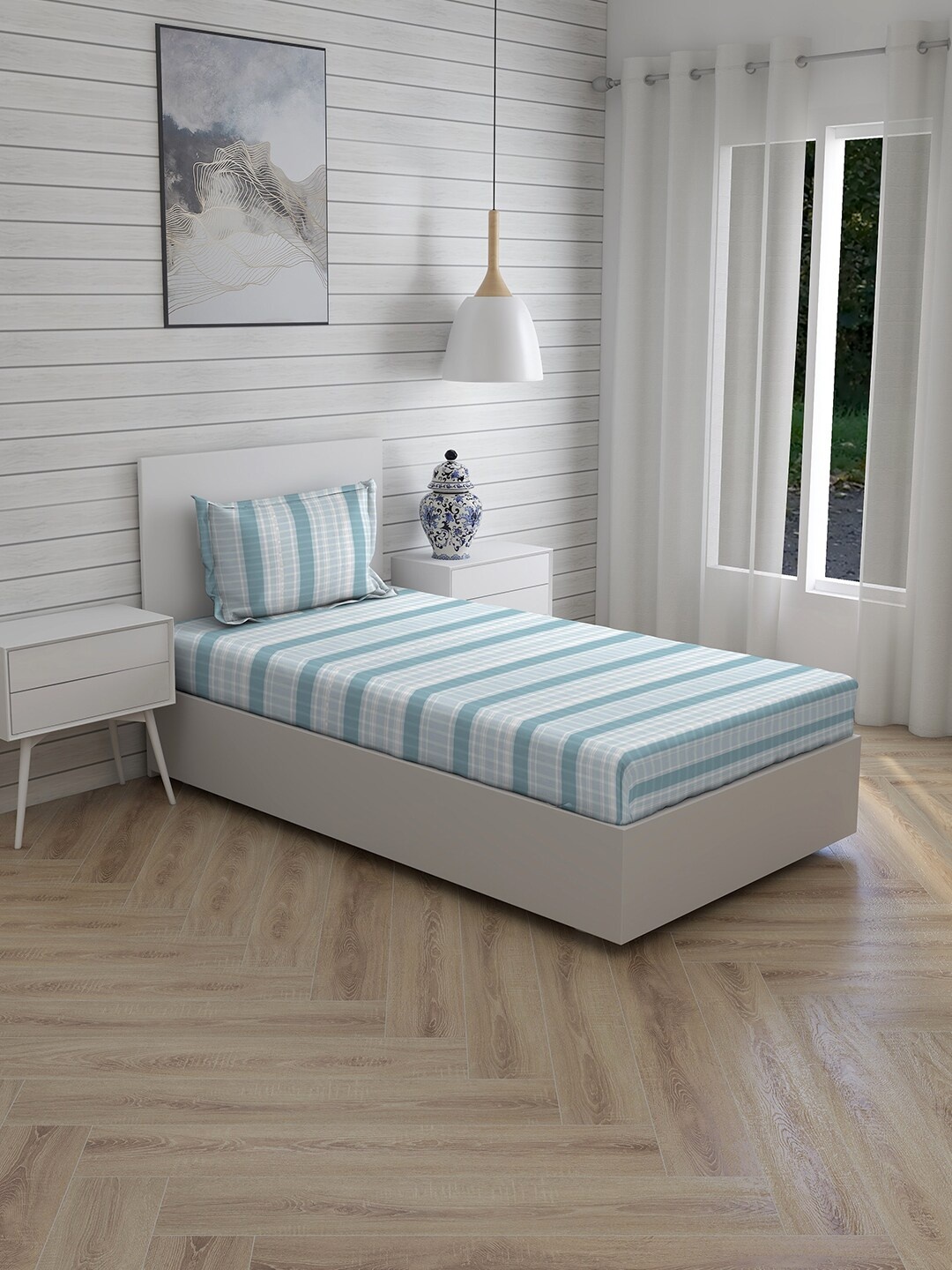 

Boutique Living India Blue & Grey Geometric Single Cotton Bedsheet With 1 Pillow Cover