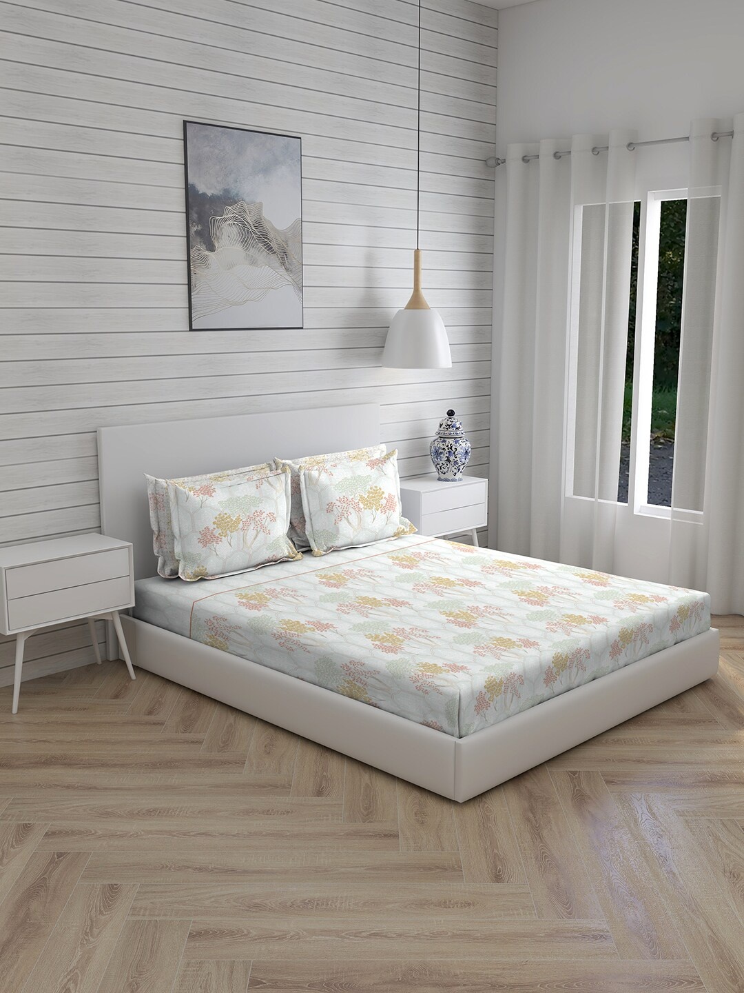 

Boutique Living India White & Orange Pure Cotton 600 TC King Bedsheet With 4 Pillow Covers