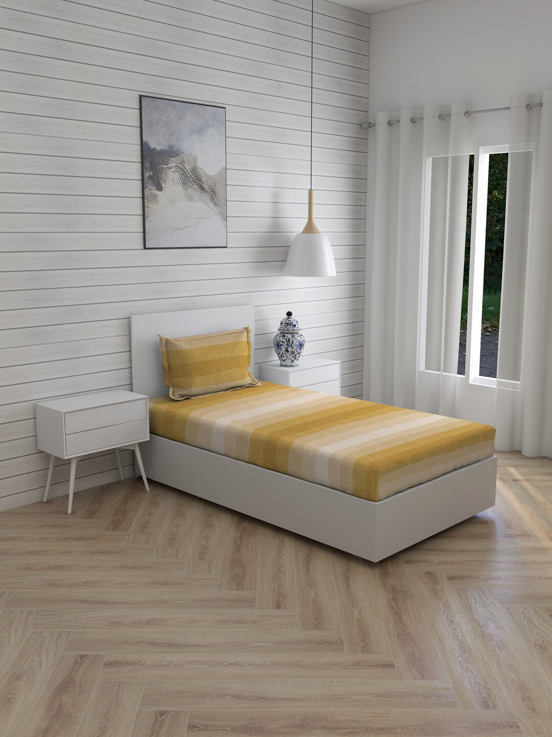 

Boutique Living India Mustard & Beige Pure Cotton 220 TC Single Bedsheet 1 Pillow Covers