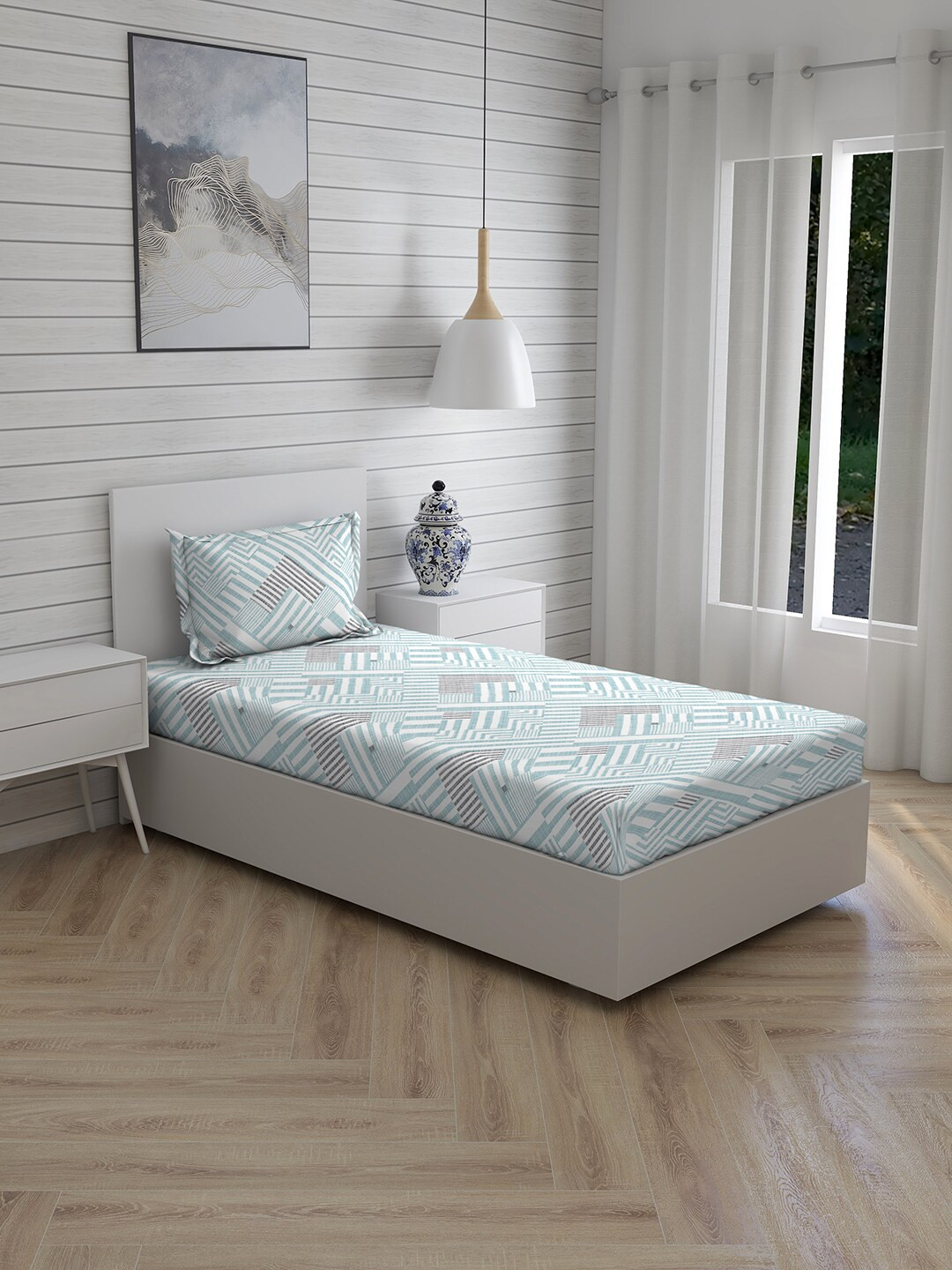 

Boutique Living India Blue & White Pure Cotton 160 TC Single Bedsheet With 1 Pillow Covers