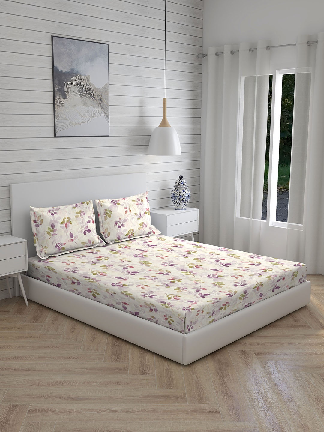 

Boutique Living India Beige & Olive Green Pure Cotton 260 TC King Bedsheet 2 Pillow Covers