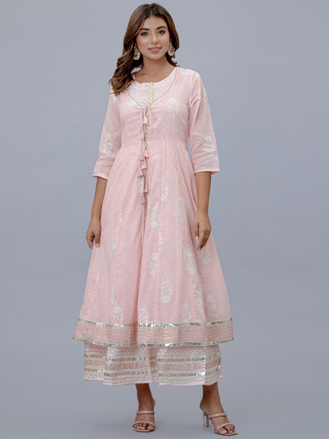 

EtnicaWear Floral Printed Fit & Flare Tie-Up Cotton Dress, Pink