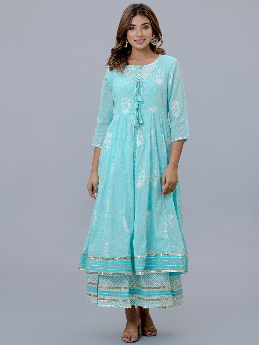 

EtnicaWear Women Ethnic Motifs Printed Gotta Patti Anarkali Pure Cotton Kurta With Shrug, Blue