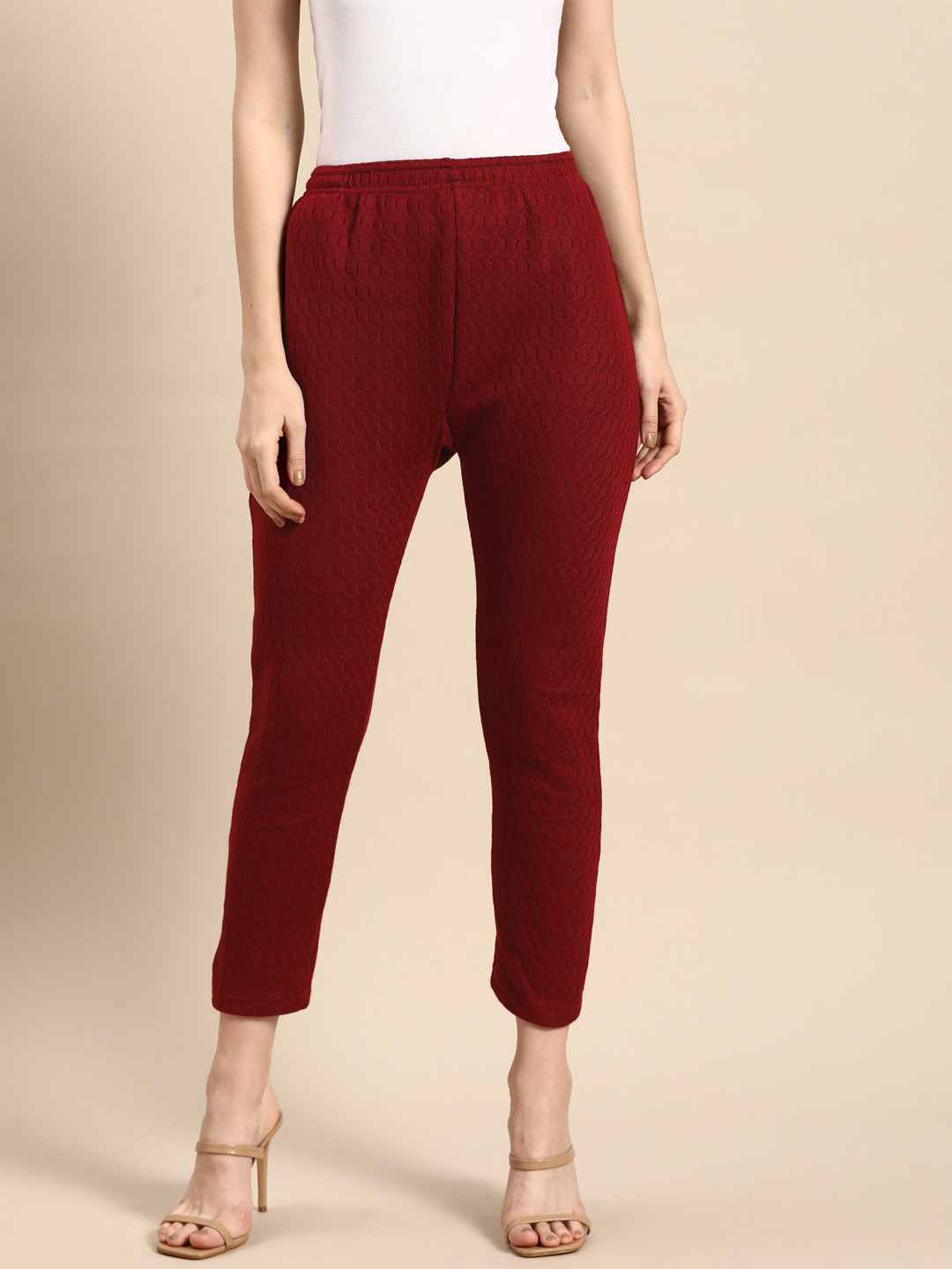 

Saadgi Women Winter Self Design Woollen Trousers, Maroon