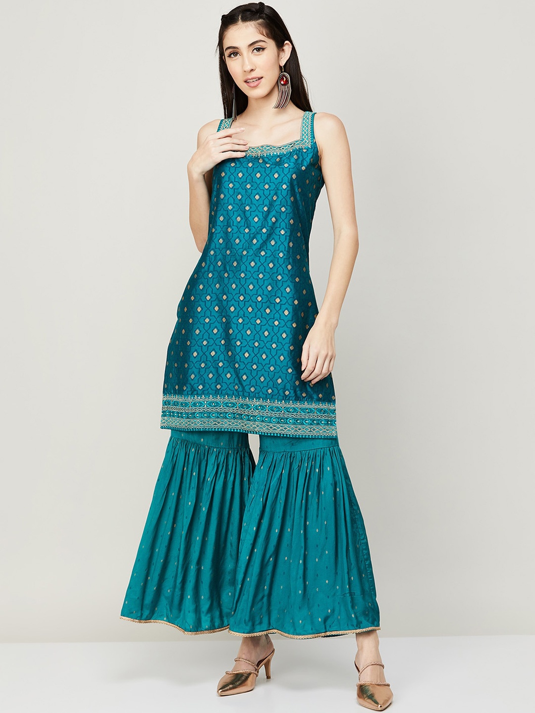 

Melange by Lifestyle Women Printed Kurta with Sharara & Dupatta, Teal