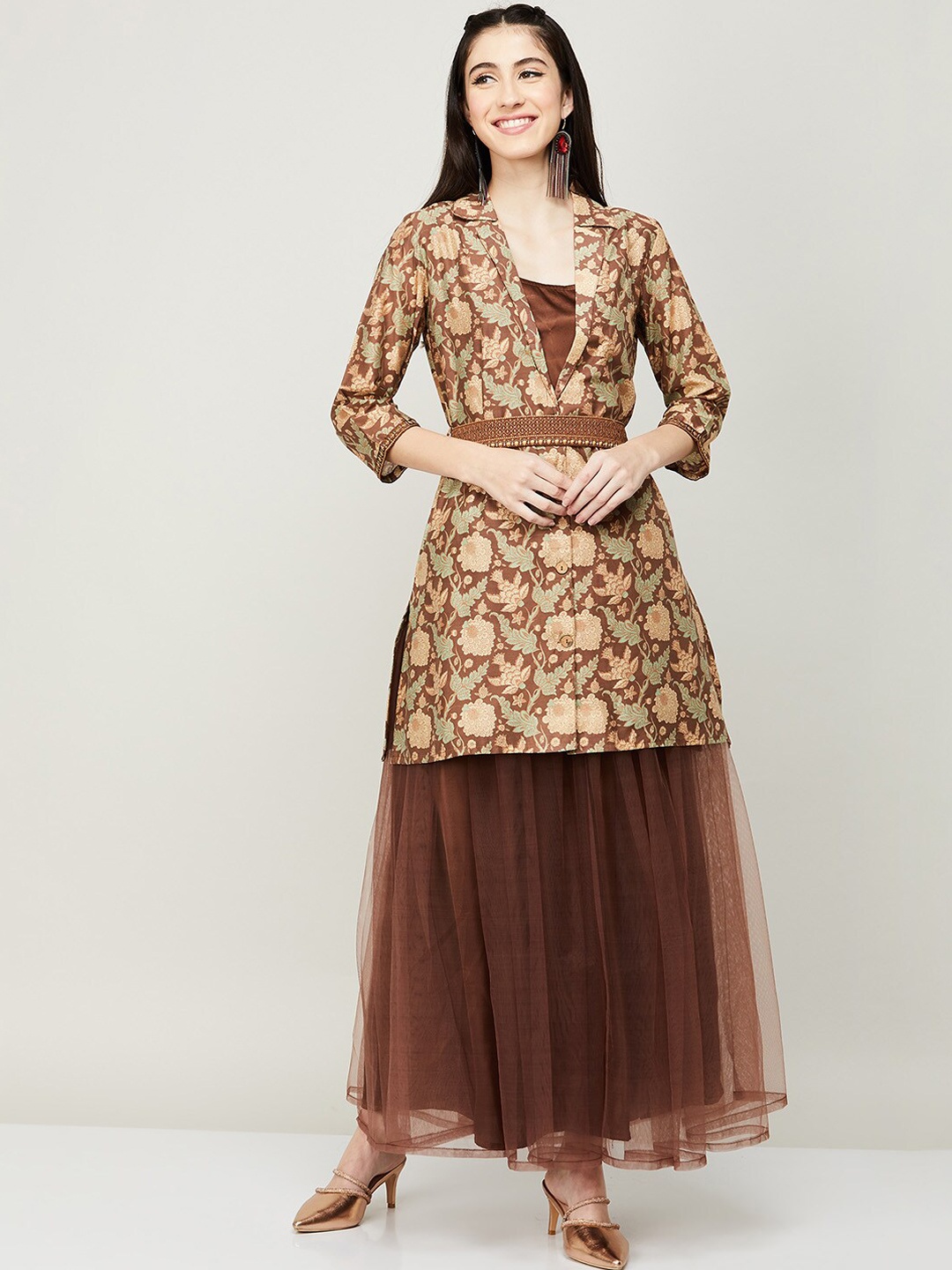 

Melange by Lifestyle Women Printed Kurta with Skirt, Brown
