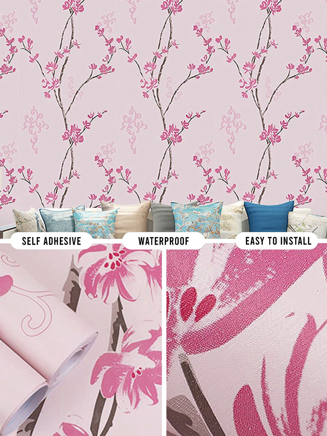 

Bonhomie Wallopedia Pink & Brown Floral Printed Waterproof Decorative Wall Sticker