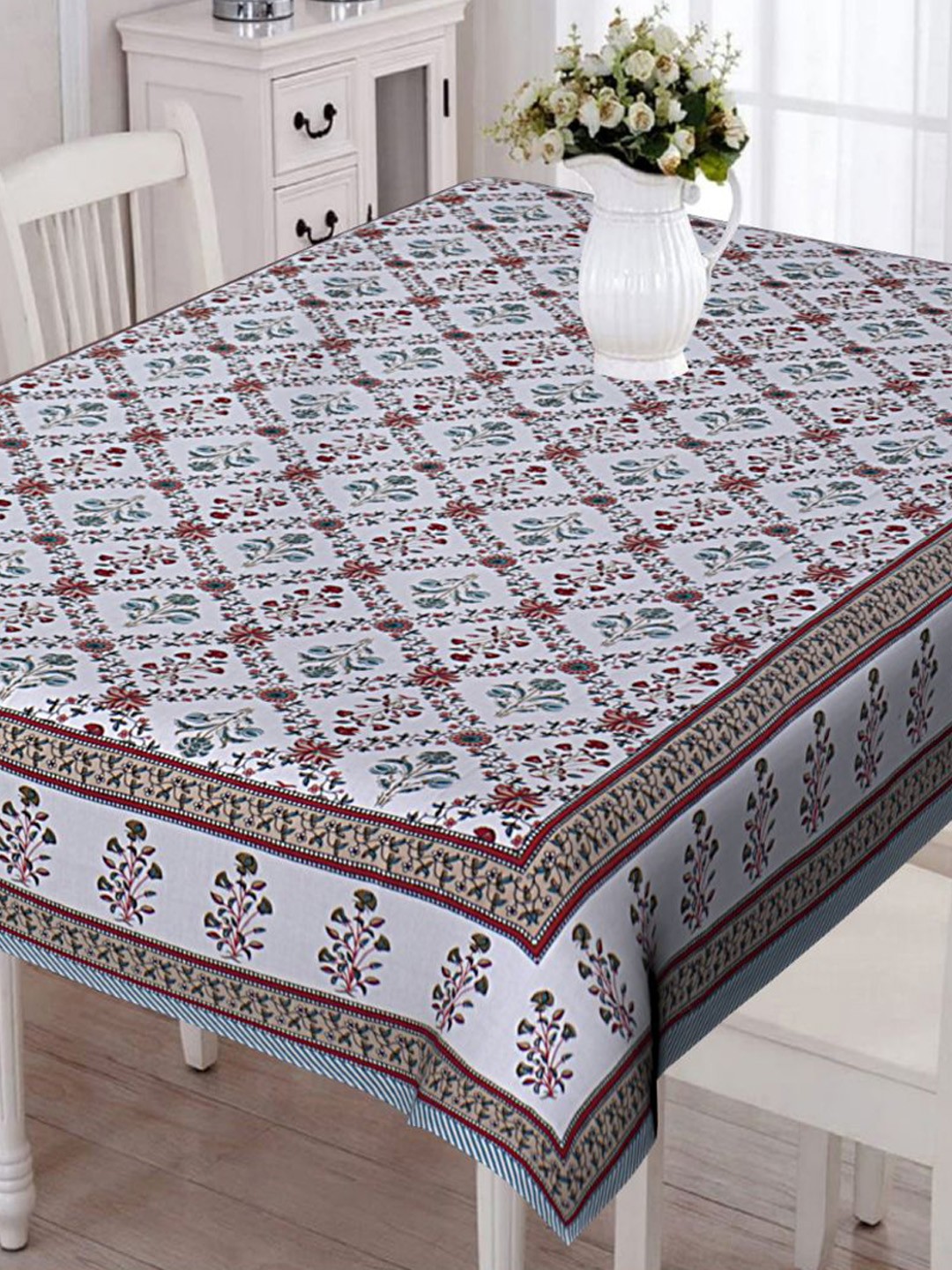 

INDHOME LIFE Printed Pure Cotton 6-Seater Table Covers, White