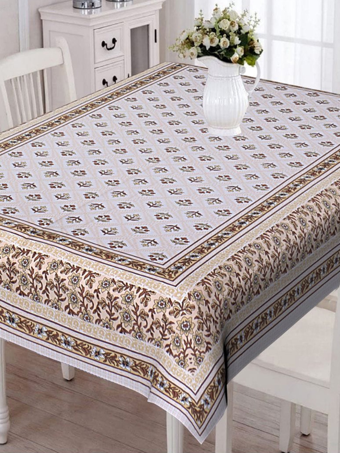 

INDHOME LIFE White & Brown Printed Pure Cotton 6 Seater Table Cover