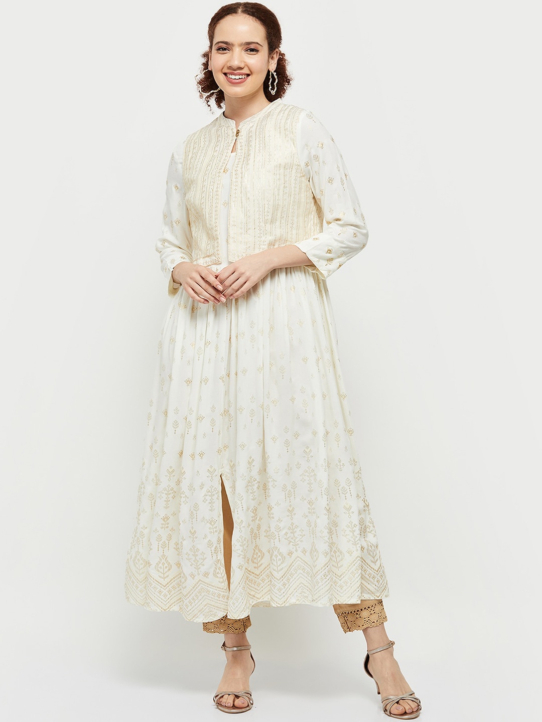 

max Ethnic Motifs Printed Mandarin Collar A-Line Kurta, Off white