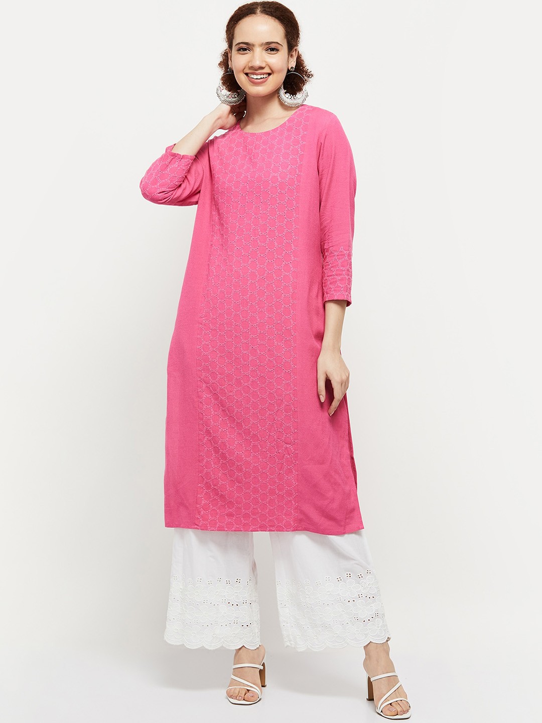 

max Woven Design Straight Calf Length Kurta, Pink