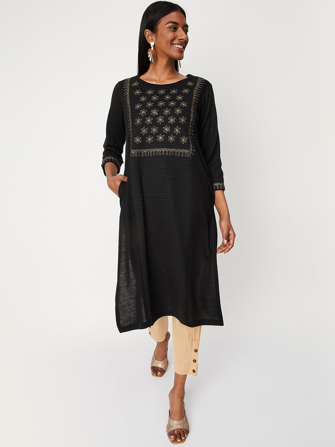 

max Floral Embroidered Thread Work Calf Length Kurta, Black