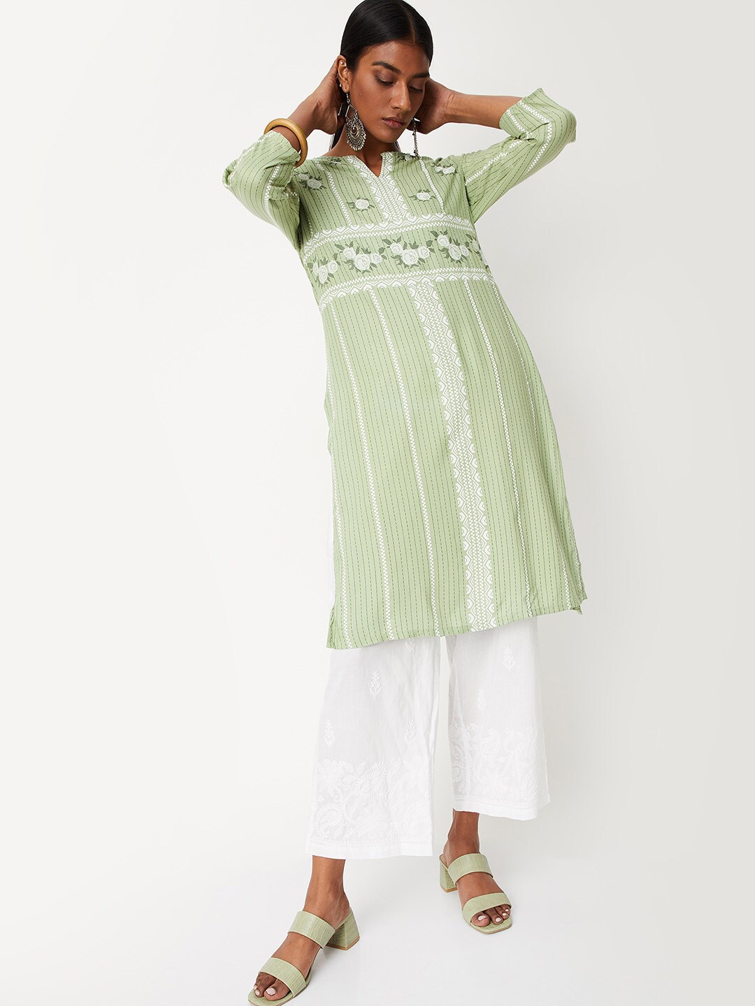 

max Women Striped Kurta, Lime green