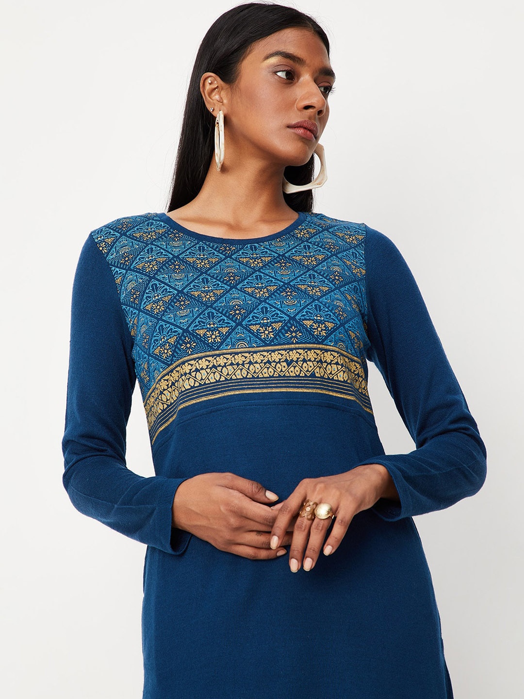 

max Round Neck Ethnic Motifs Yoke Design Regular Fit Acrylic Kurta, Navy blue