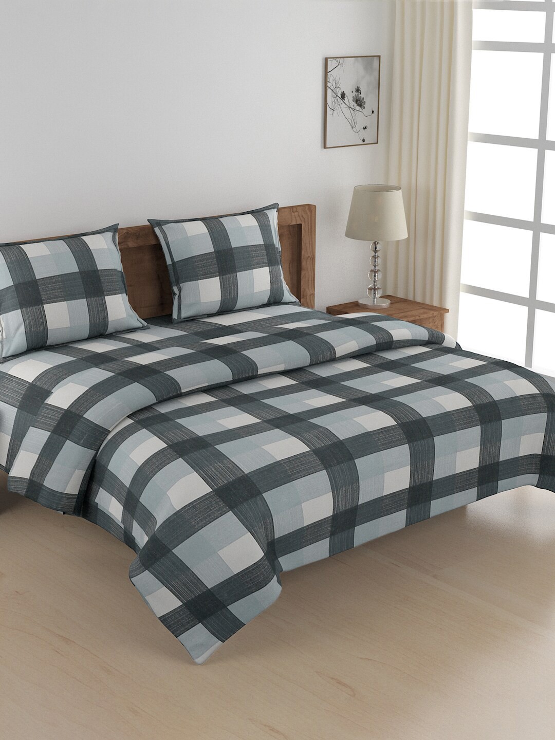 

SWAYAM Black & White Geometrical Print Cotton Bedding Set
