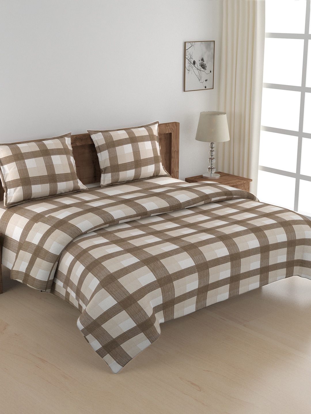 

SWAYAM Set Of 4 Checked Cotton Bedding Set, Brown