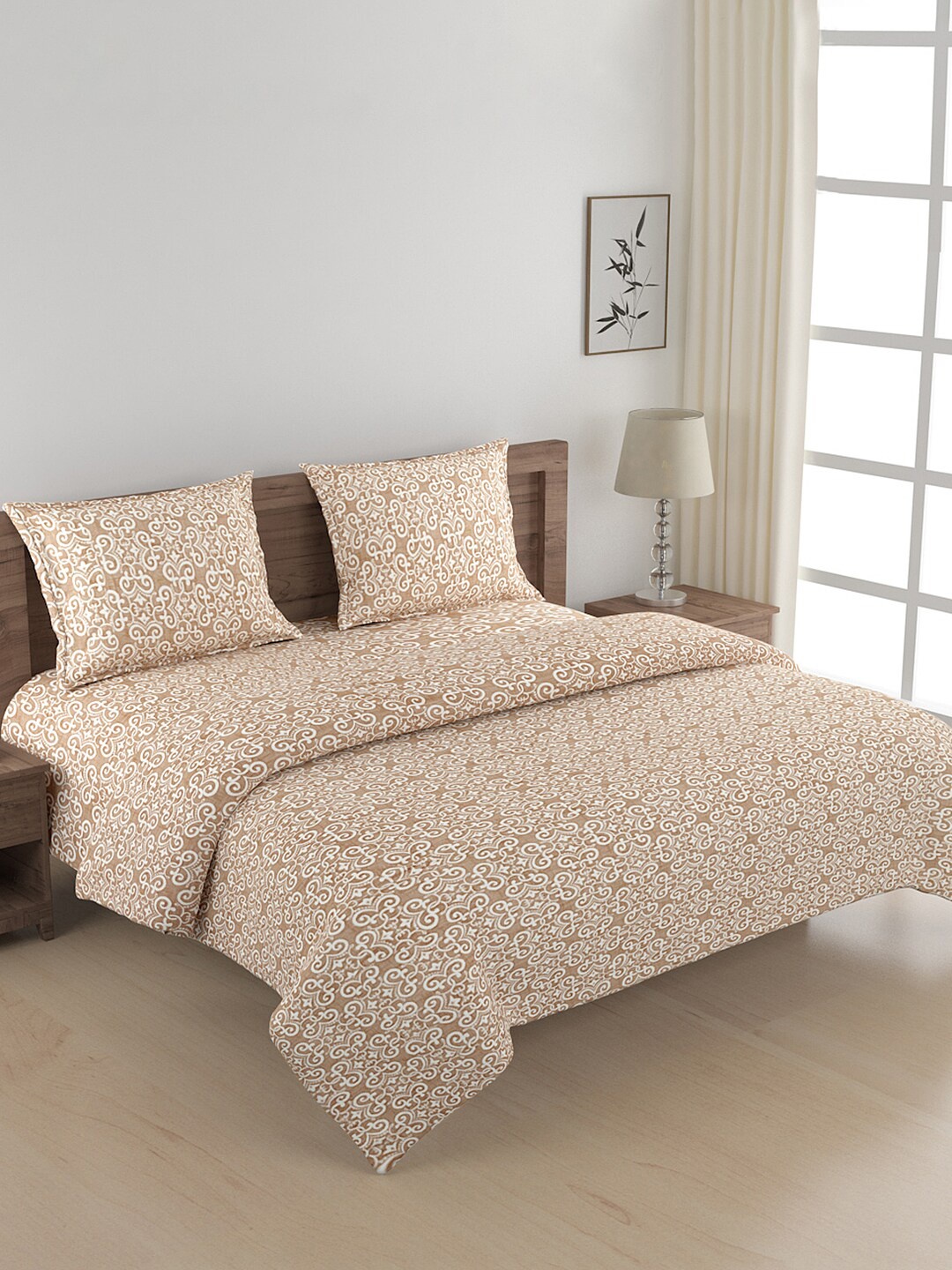 

SWAYAM Beige Printed Double King Quilted 150GSM Pure Cotton Reversible Bedding Set