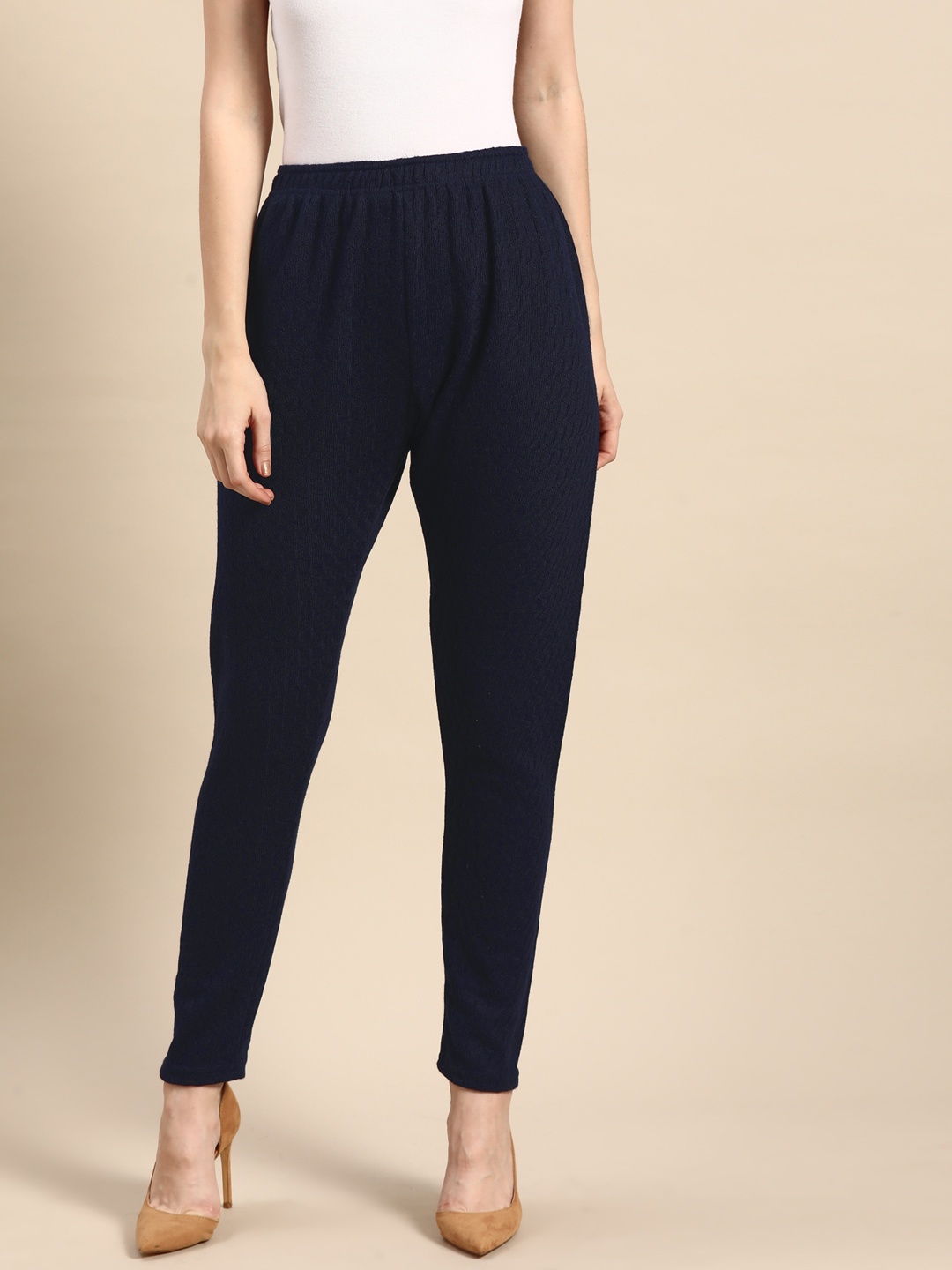 

Saadgi Women Woollen Self Design Knitted Crochet Leggings, Navy blue