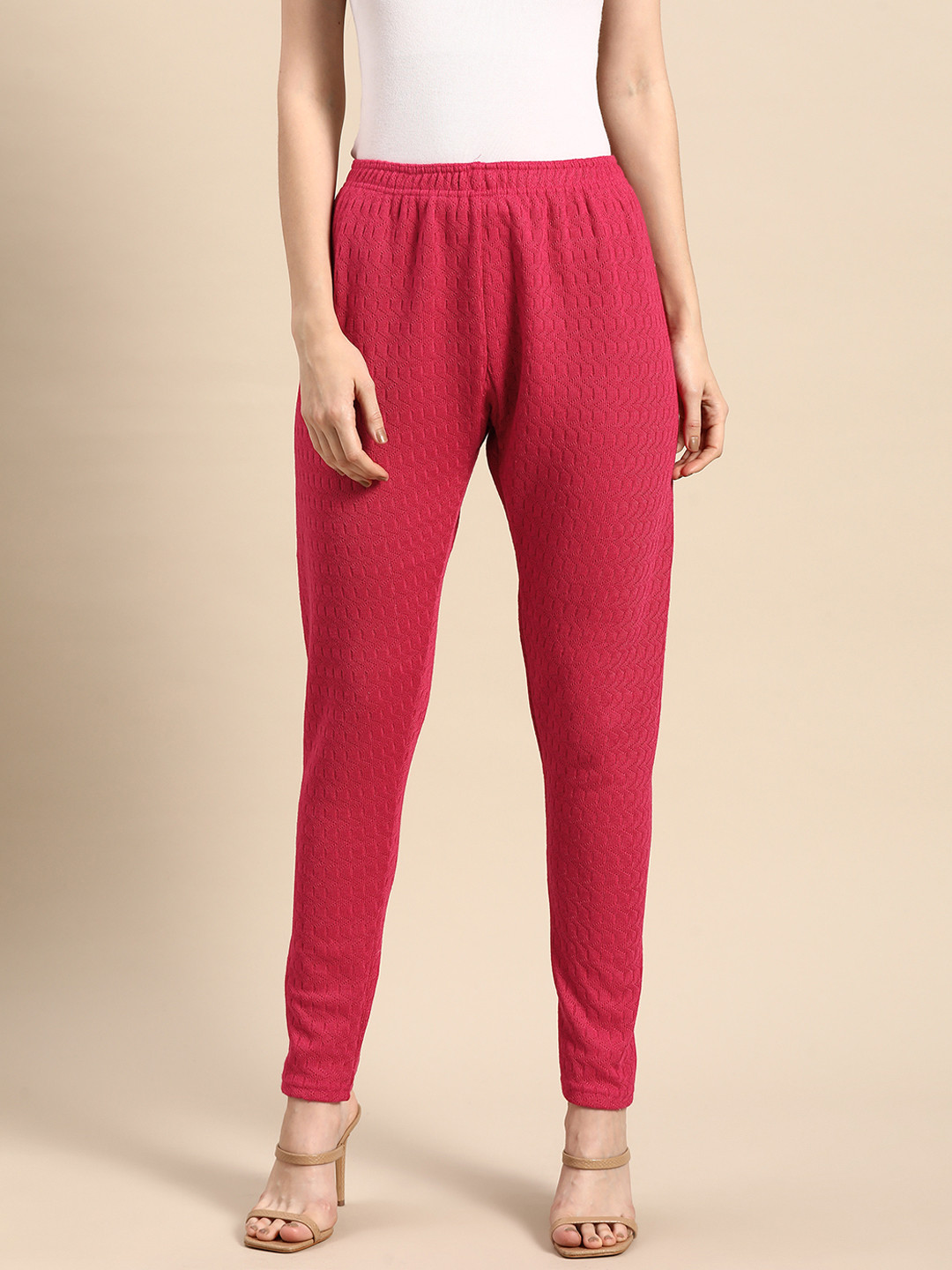 

Saadgi Women Woollen Self Design Knitted Crochet Leggings, Magenta