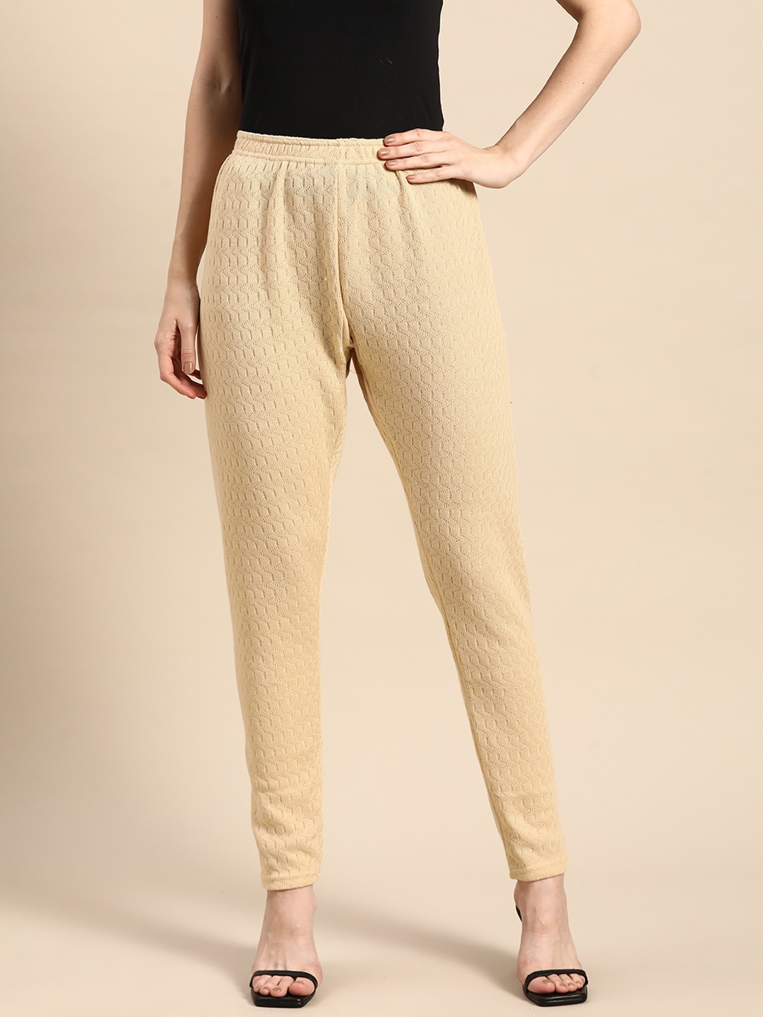 

Saadgi Women Woollen Self Design Knitted Crochet Leggings, Beige