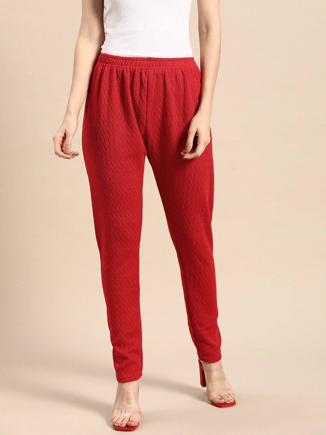 

Saadgi Women Woollen Knitted Crochet Leggings, Red