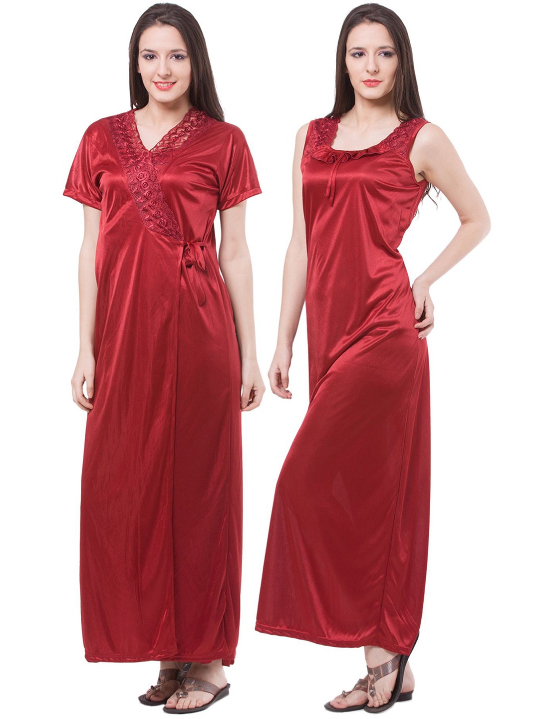 

Fasense Satin Maxi Nightdress With Robe, Maroon