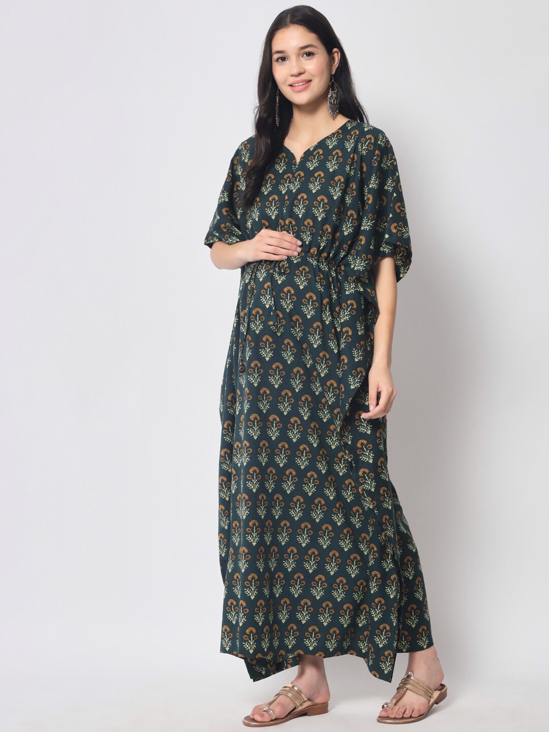 

Aujjessa Floral Pure Cotton Maternity Kaftan Maxi Dress, Green