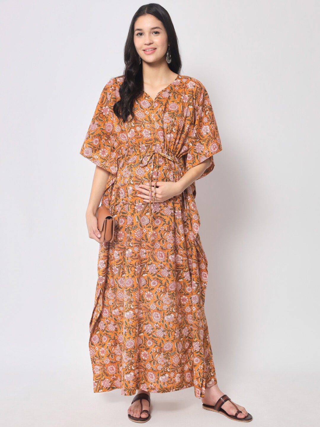 

Aujjessa Floral Pure Cotton Maternity Kaftan Maxi Dress, Rust