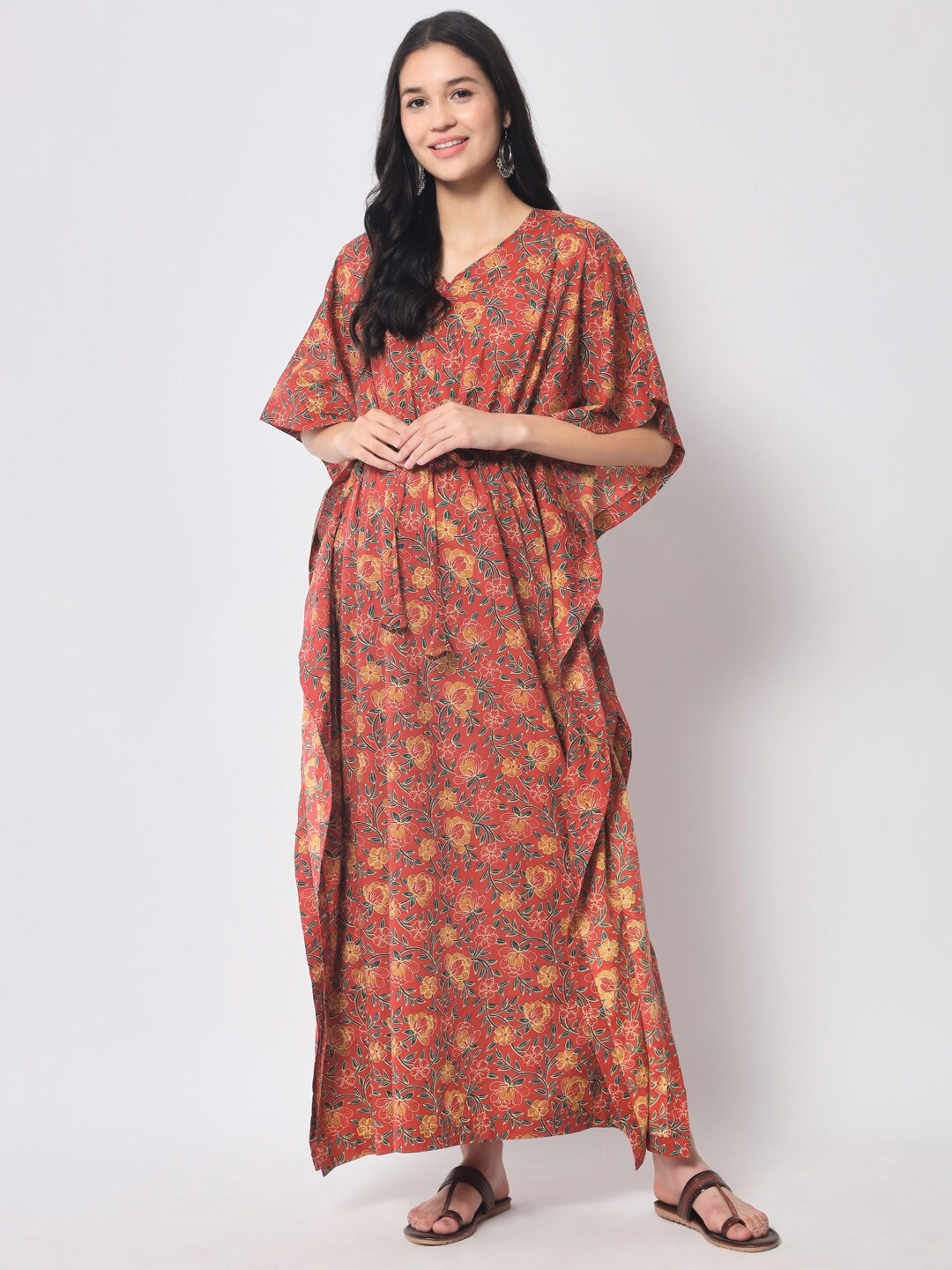 

Aujjessa Floral Pure Cotton Maternity Kaftan Maxi Dress, Red