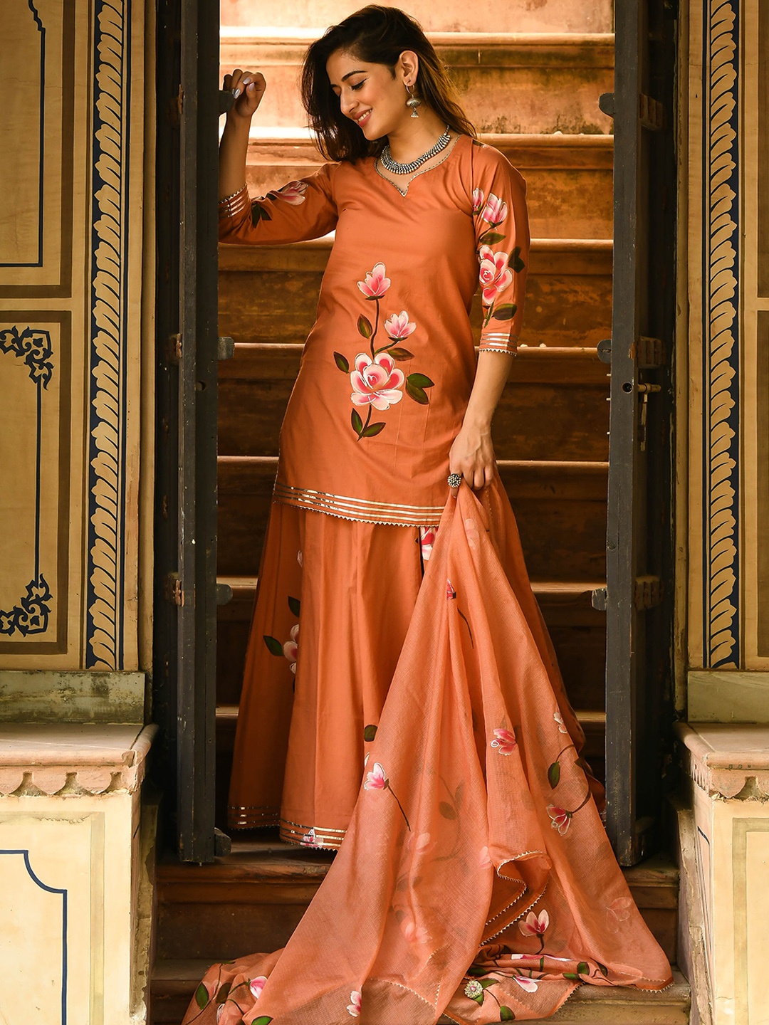 

Bunaai Women Floral Printed Gotta Patti Pure Cotton Kurti with Palazzos & With Dupatta, Orange