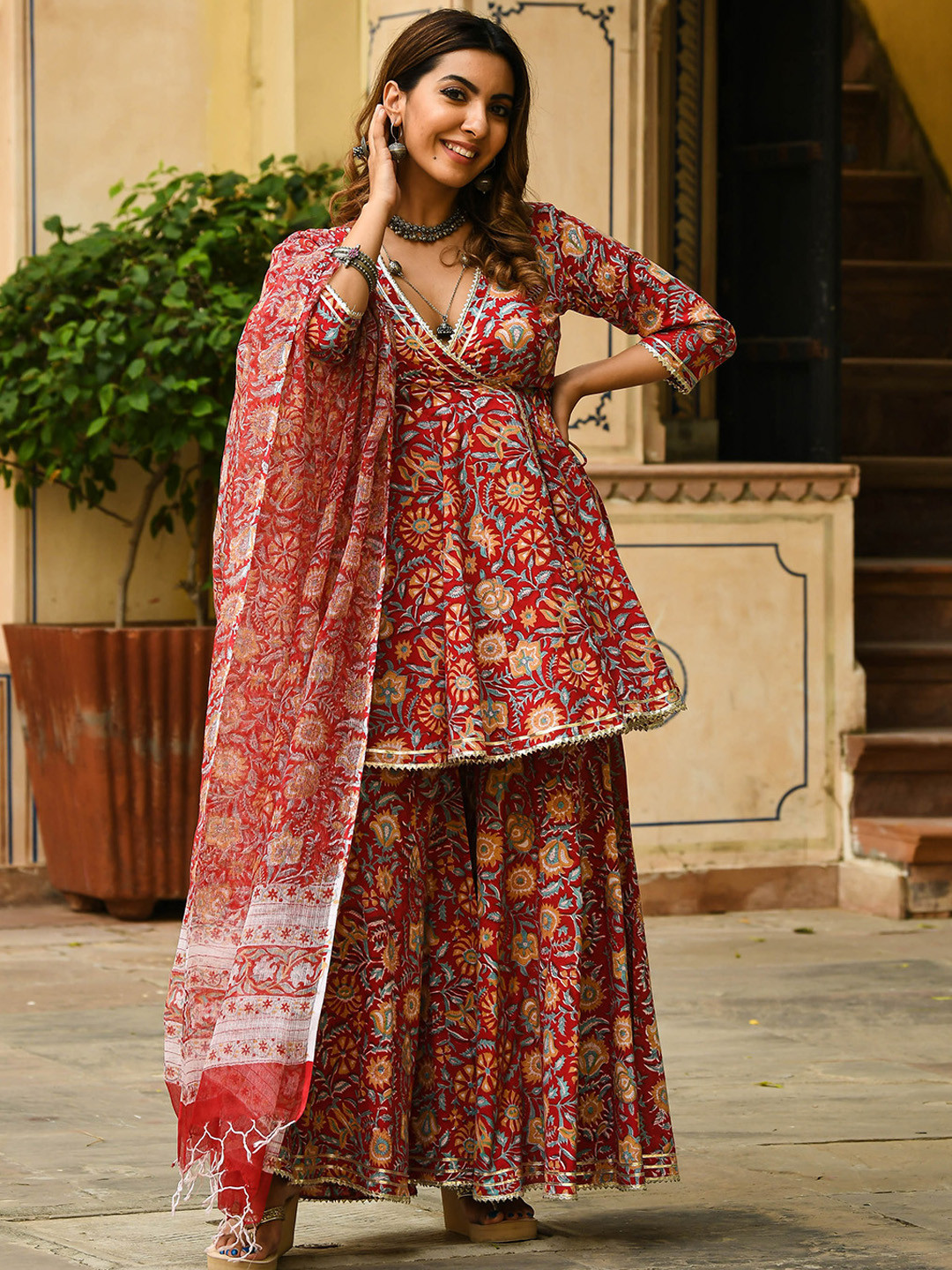 

Bunaai Women Red Ethnic Motifs Printed Angrakha Gotta Patti Pure Cotton Kurta with Sharara & With Dupatta