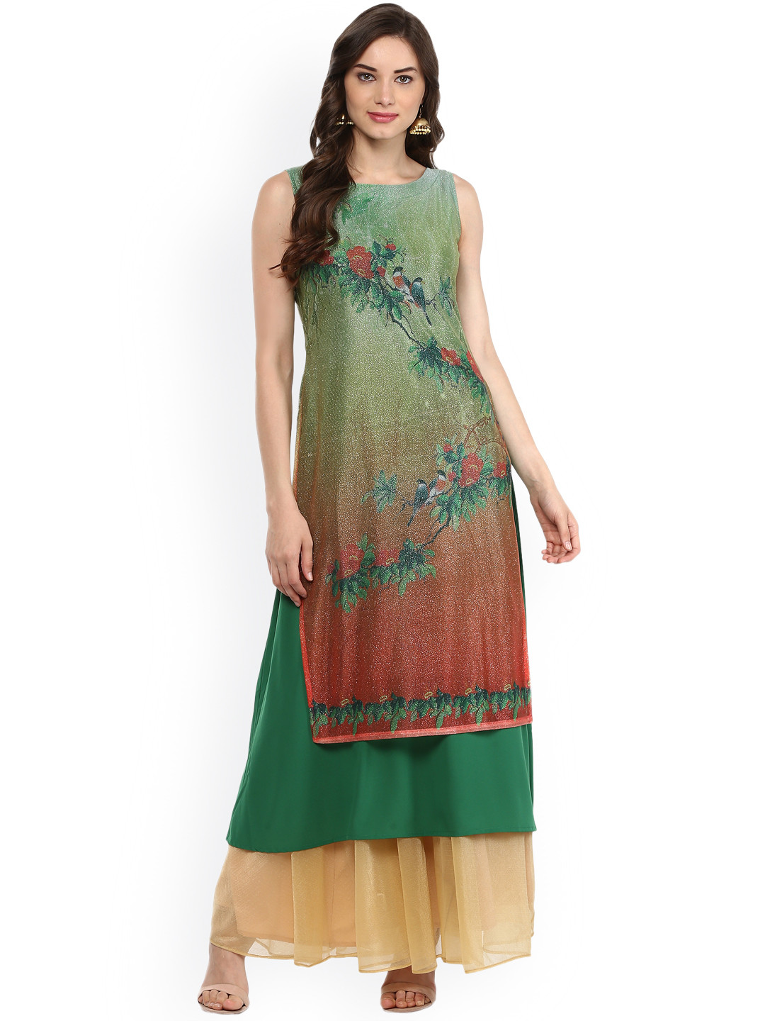 

Ahalyaa Women Green Floral Printed Layered A-Line Kurta