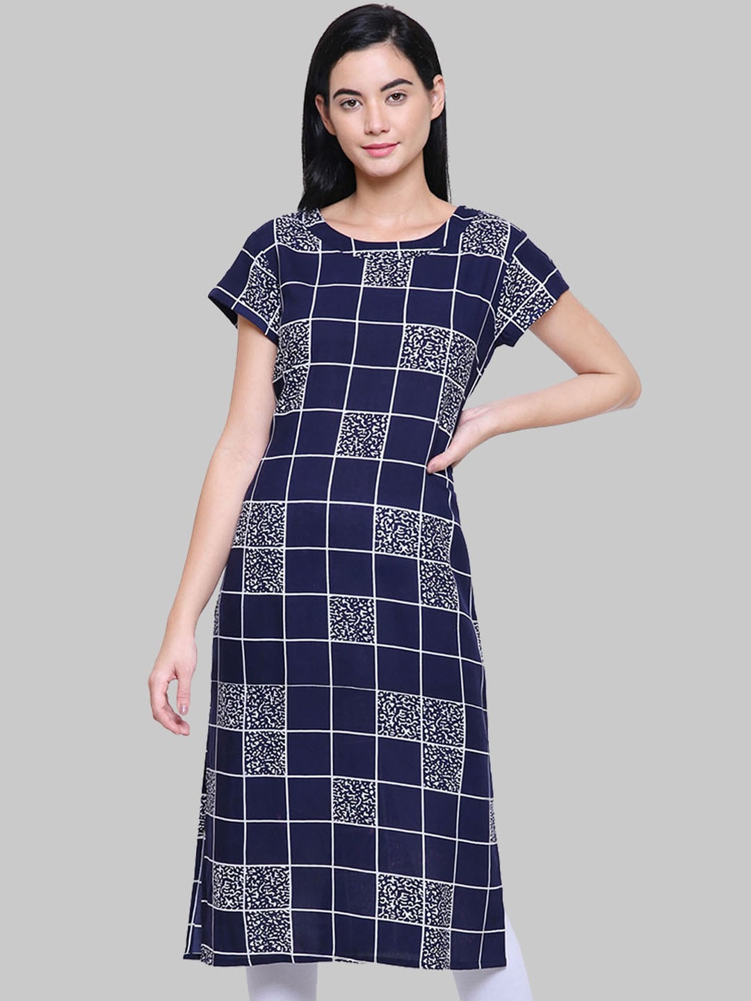 

SAUNDARYA Checked Kurta, Navy blue