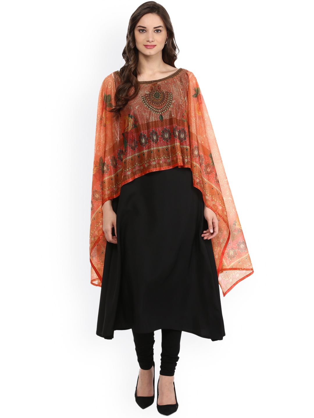 

Ahalyaa Women Black & Orange Solid Layered Asymmetric A-Line Kurta