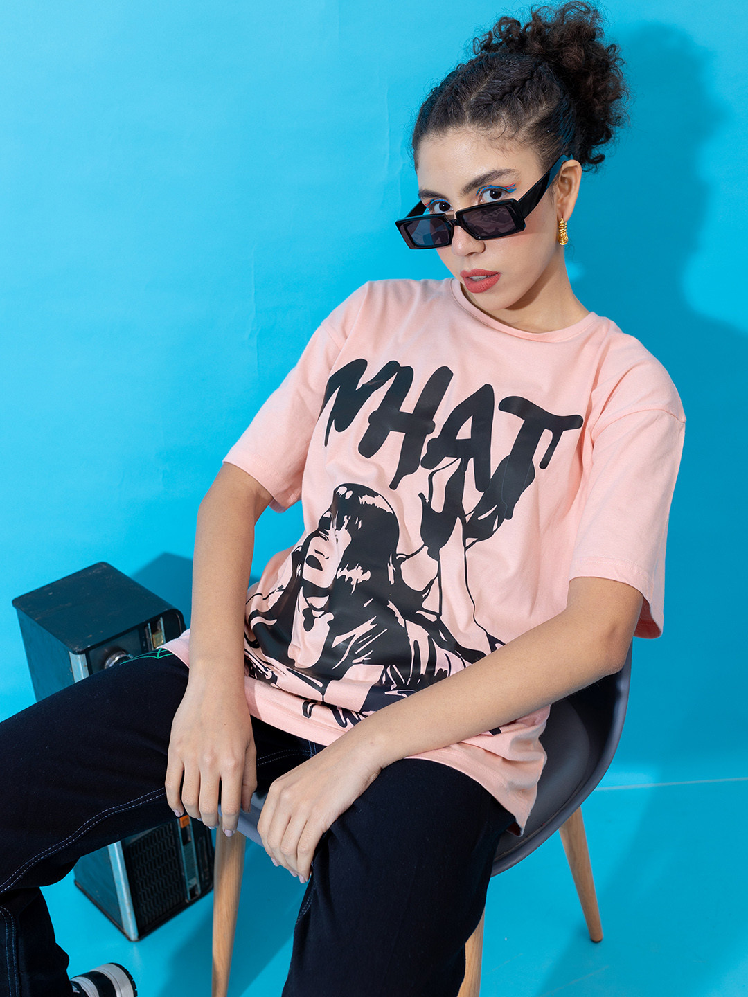 

Stylecast X Hersheinbox Women Printed Drop-Shoulder Sleeves Pure Cotton Oversized T-shirt, Peach