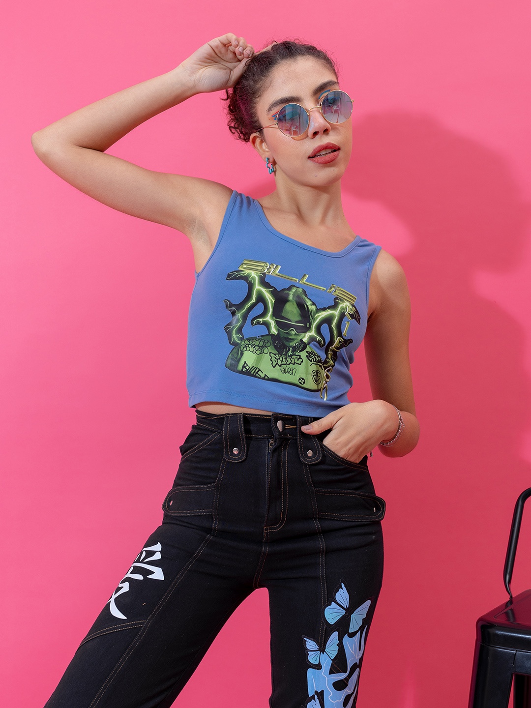 

Stylecast X Hersheinbox Women Pure Cotton Sleeveless Graphic Printed Crop T-shirt, Blue